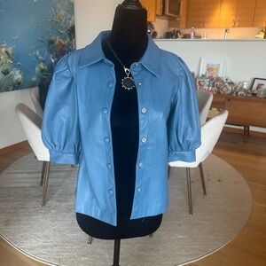 Lulu Blue faux leather Jacket with Puff Sleeves